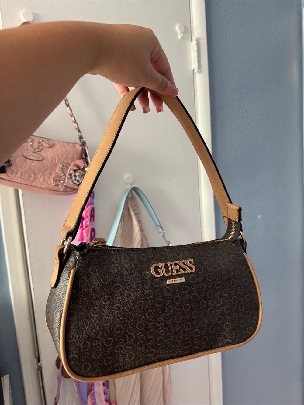GUESS Brown Monogram Shoulder Bag with Tan Trim and Gold Logo